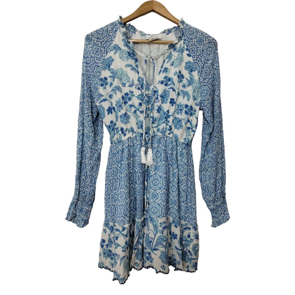 House of Harlow 1960 Women's Long Sleeve Floral Mini Dress‎ Size M Blue Boho